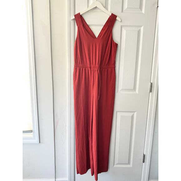 Athleta Savannah Rust Orange Currant Red Ruffle Strap Wide Leg Jumpsuit 6 - Picture 11 of 13